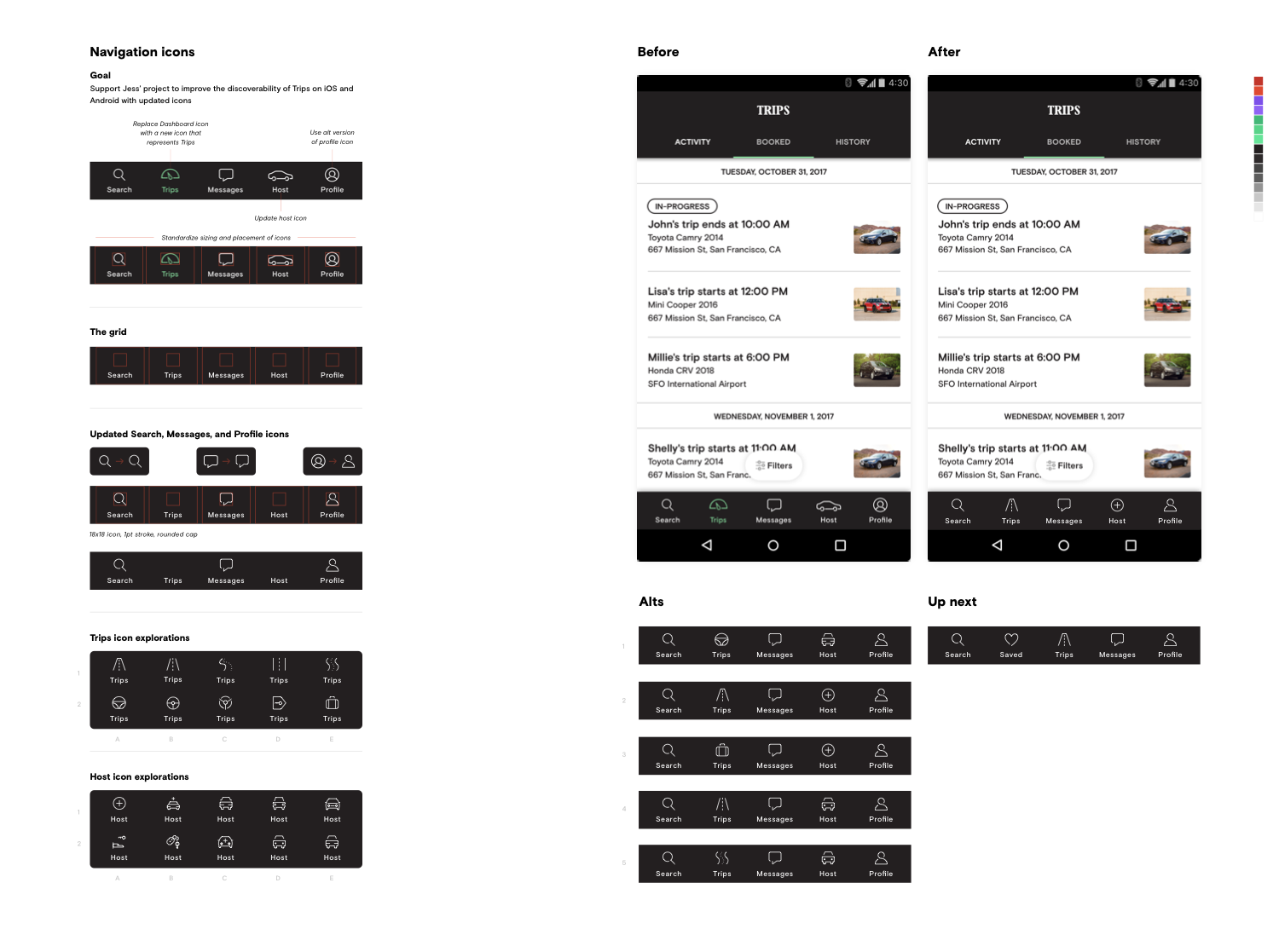 Turo navigation icon explorations — before and after comparison with full icon spec sheet