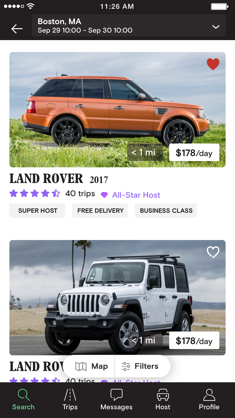 Turo app after redesign — search results with redesigned navigation icons