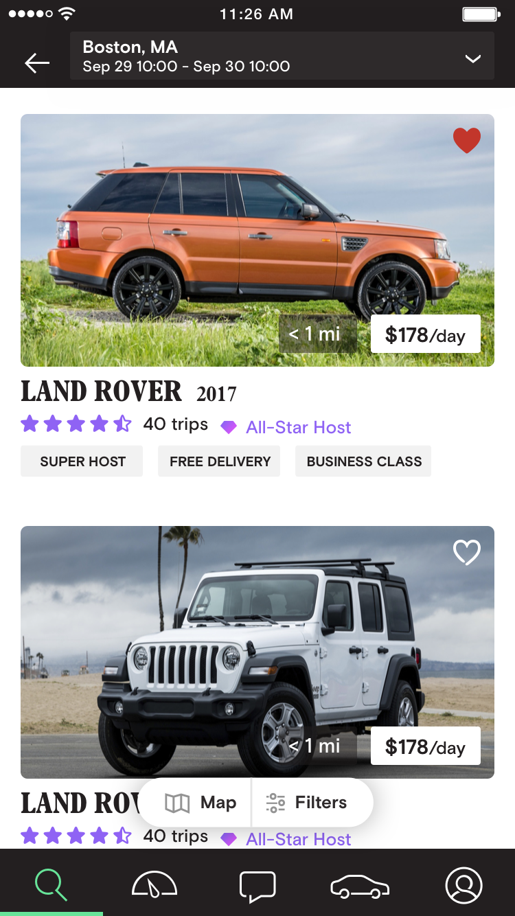 Turo app before redesign — search results with old navigation icons